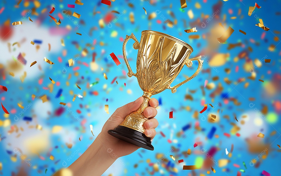Mão segurando a taça de troféu de ouro com confete