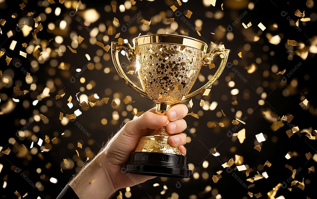 Mão segurando a taça de troféu de ouro com confete