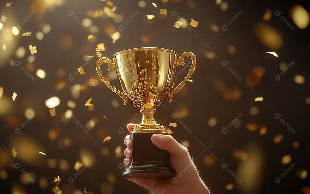 Mão segurando a taça de troféu de ouro com confete