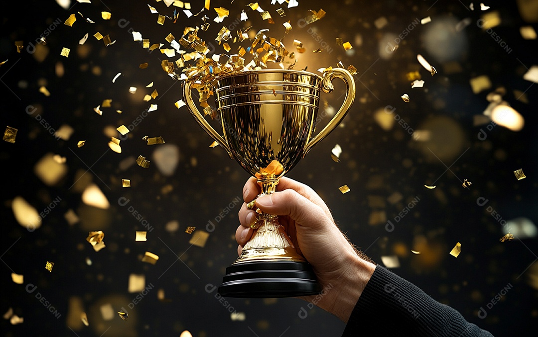 Mão segurando a taça de troféu de ouro com confete