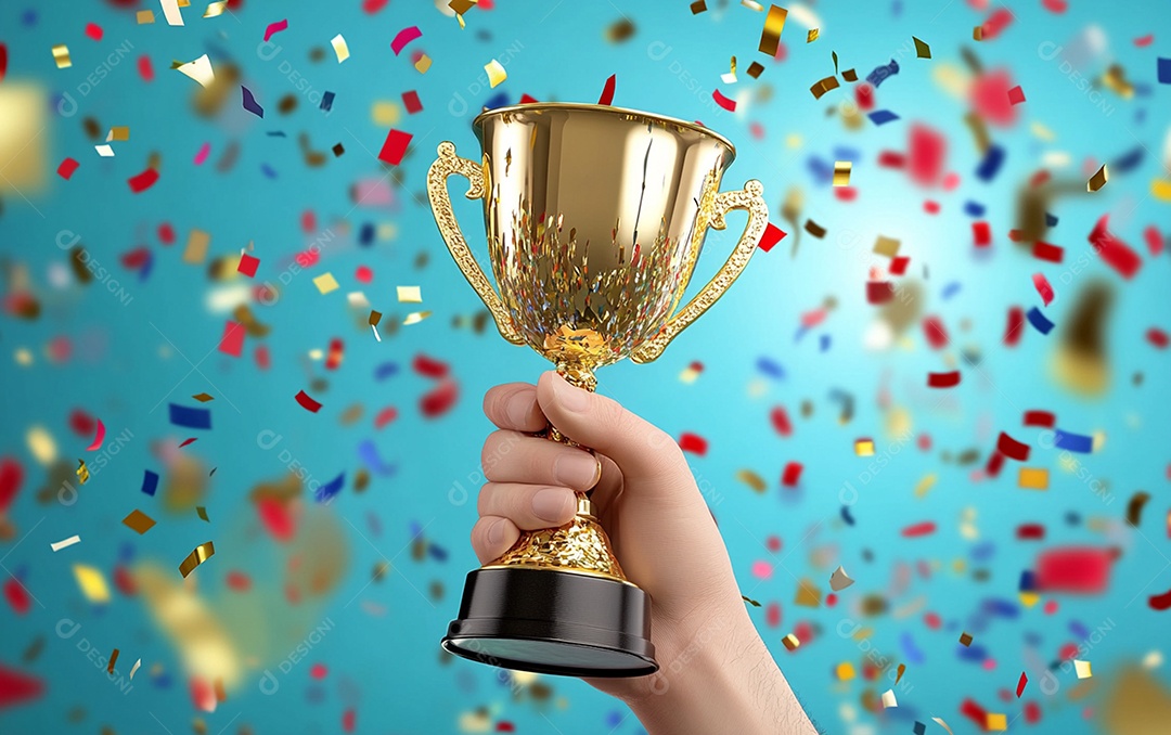 Mão segurando a taça de troféu de ouro com confete