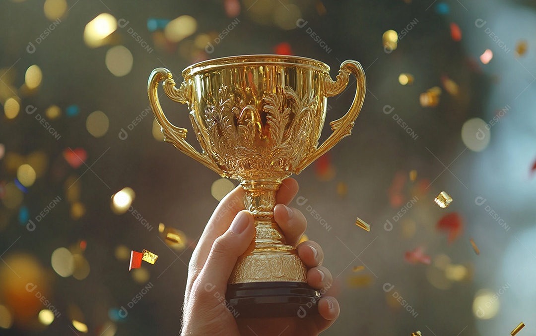Mão segurando a taça de troféu de ouro com confete