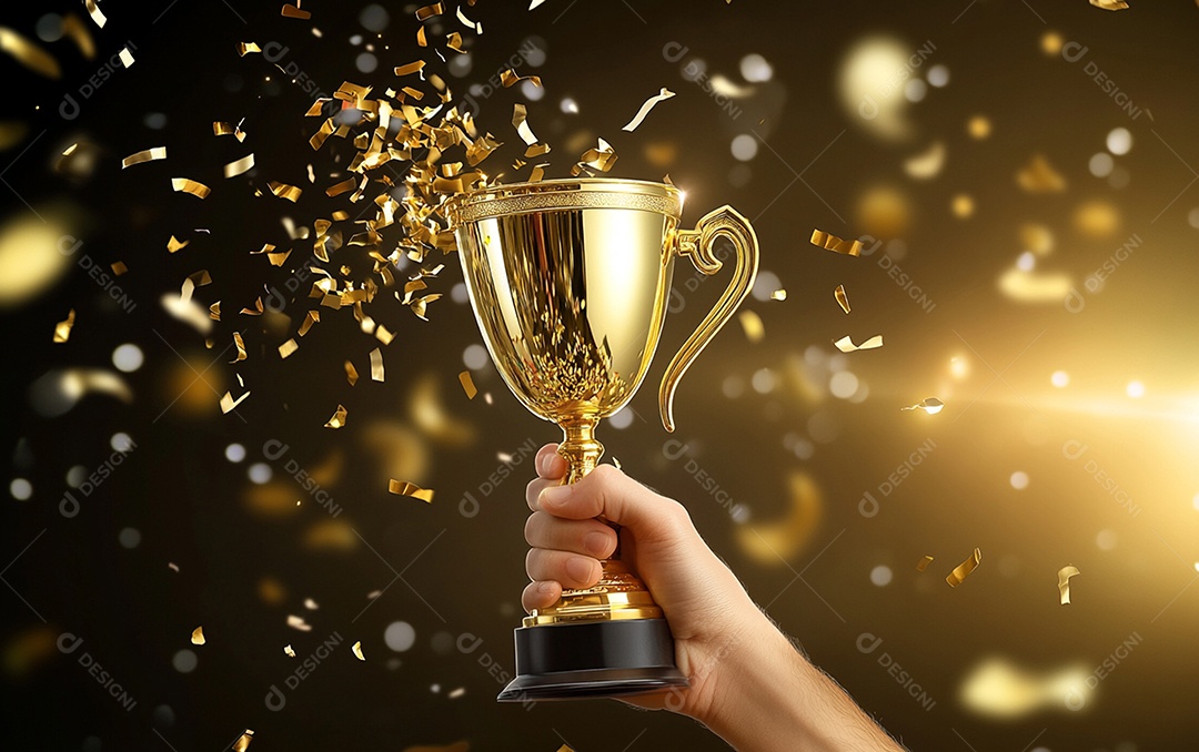 Mão segurando a taça de troféu de ouro com confete