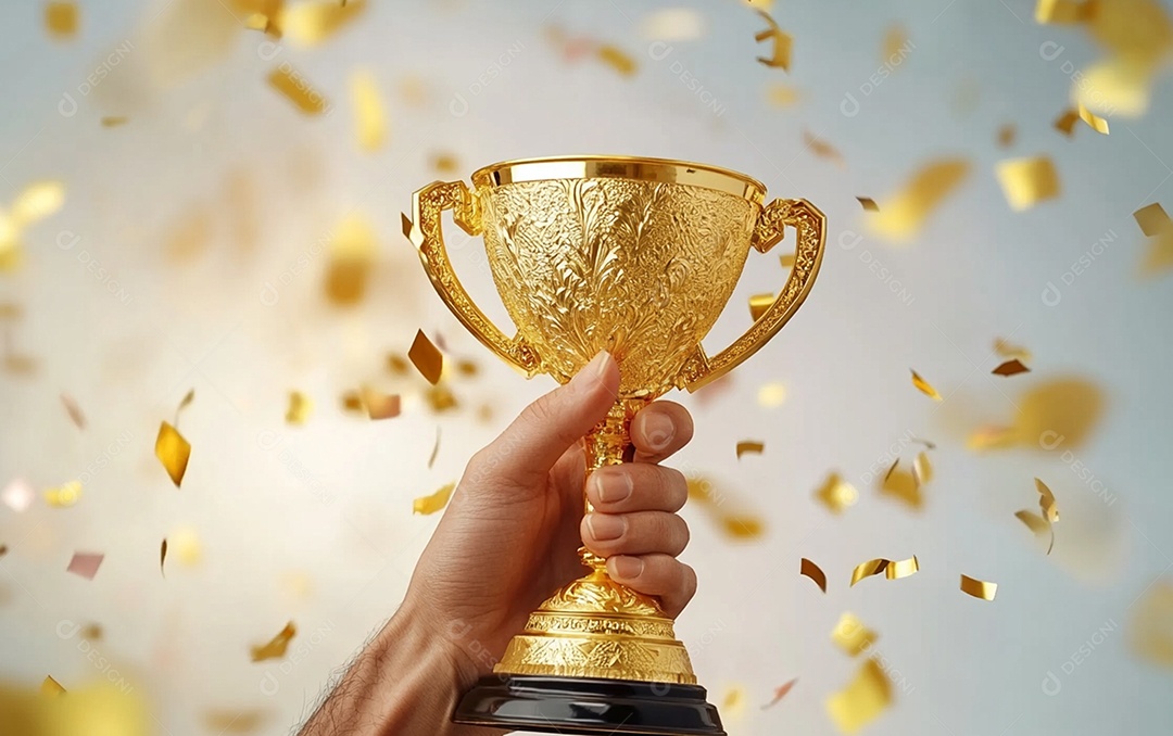 Mão segurando a taça de troféu de ouro com confete comemorando com prêmio de troféu pelo sucesso