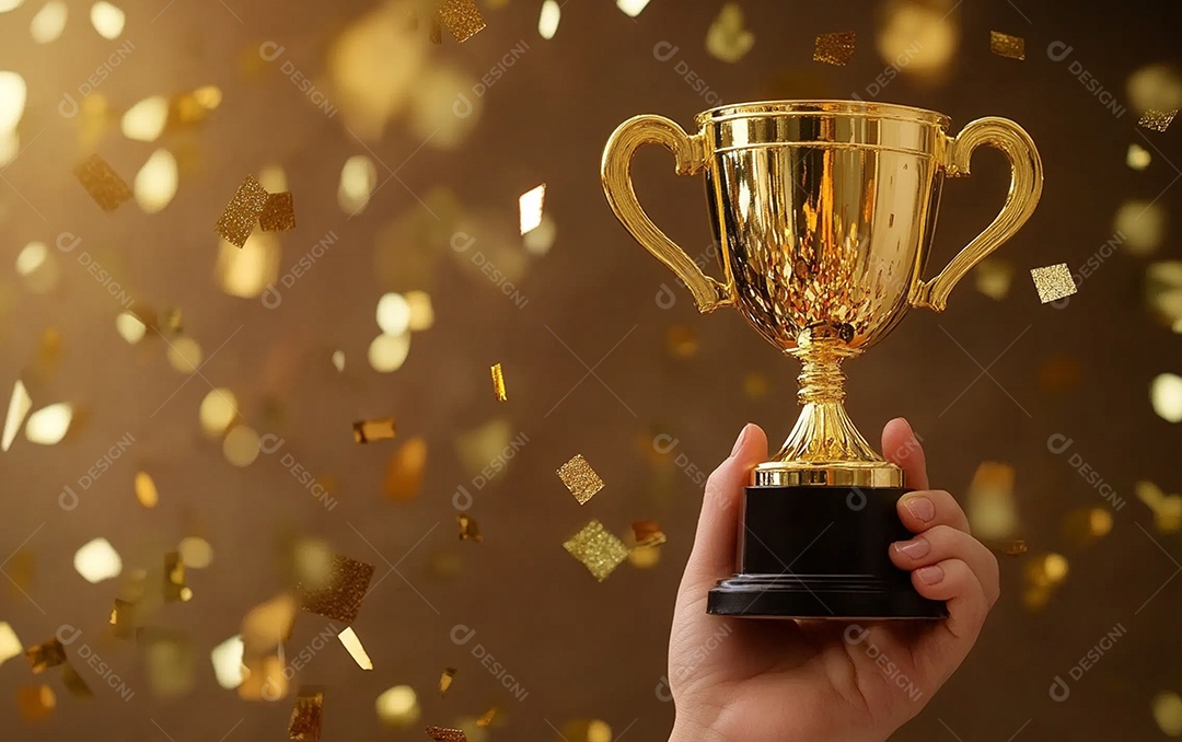 Mão segurando a taça de troféu de ouro com confete comemorando com prêmio de troféu pelo sucesso