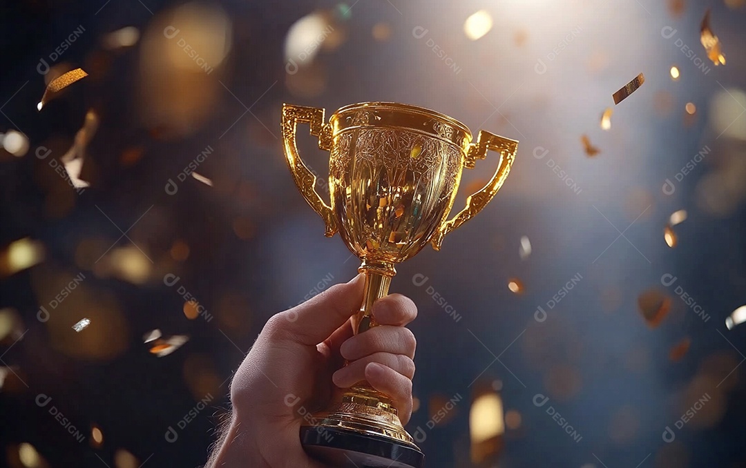 Mão segurando a taça de troféu de ouro com confete comemorando com prêmio de troféu pelo sucesso