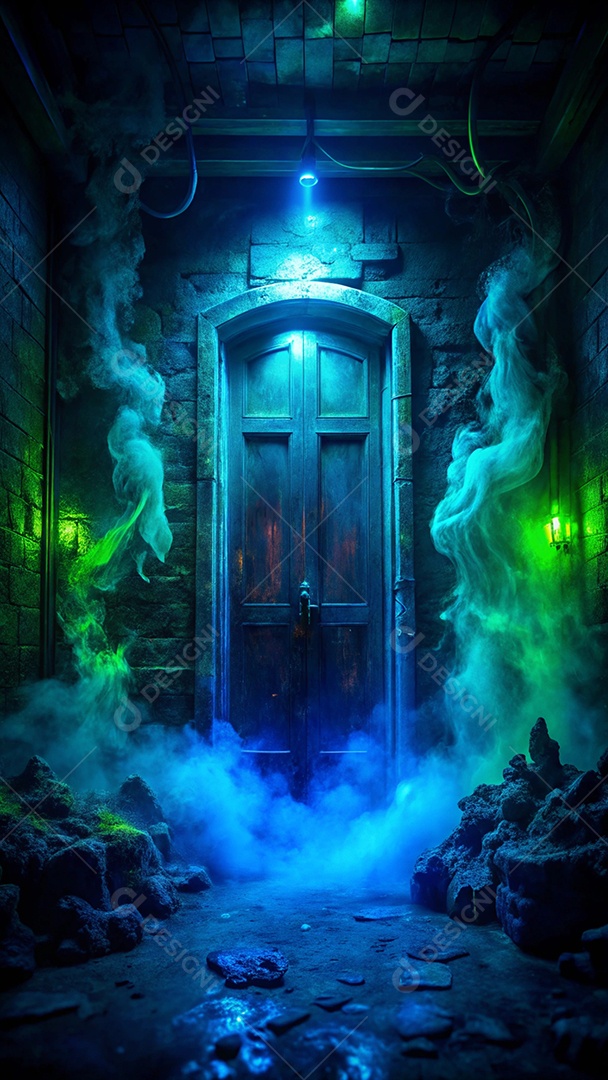 Porta de madeira com fumaça colorida