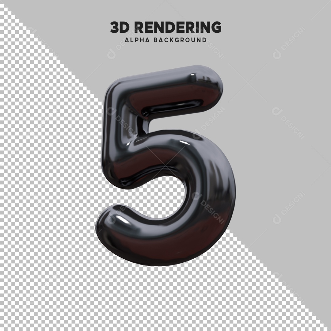 Número 5 Elemento 3D Preto para Composição PSD
