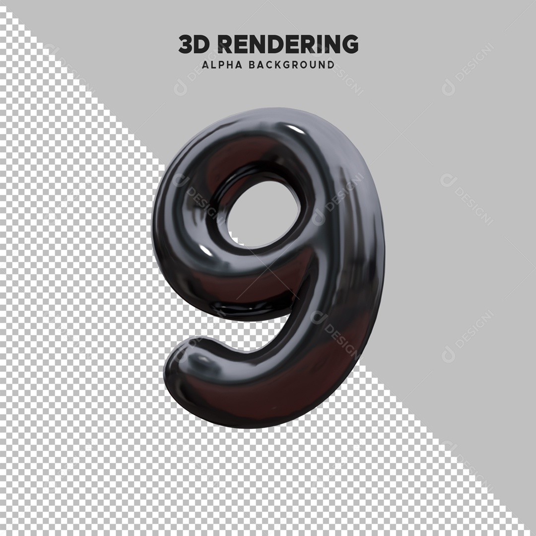 Número 9 Elemento 3D Preto para Composição PSD