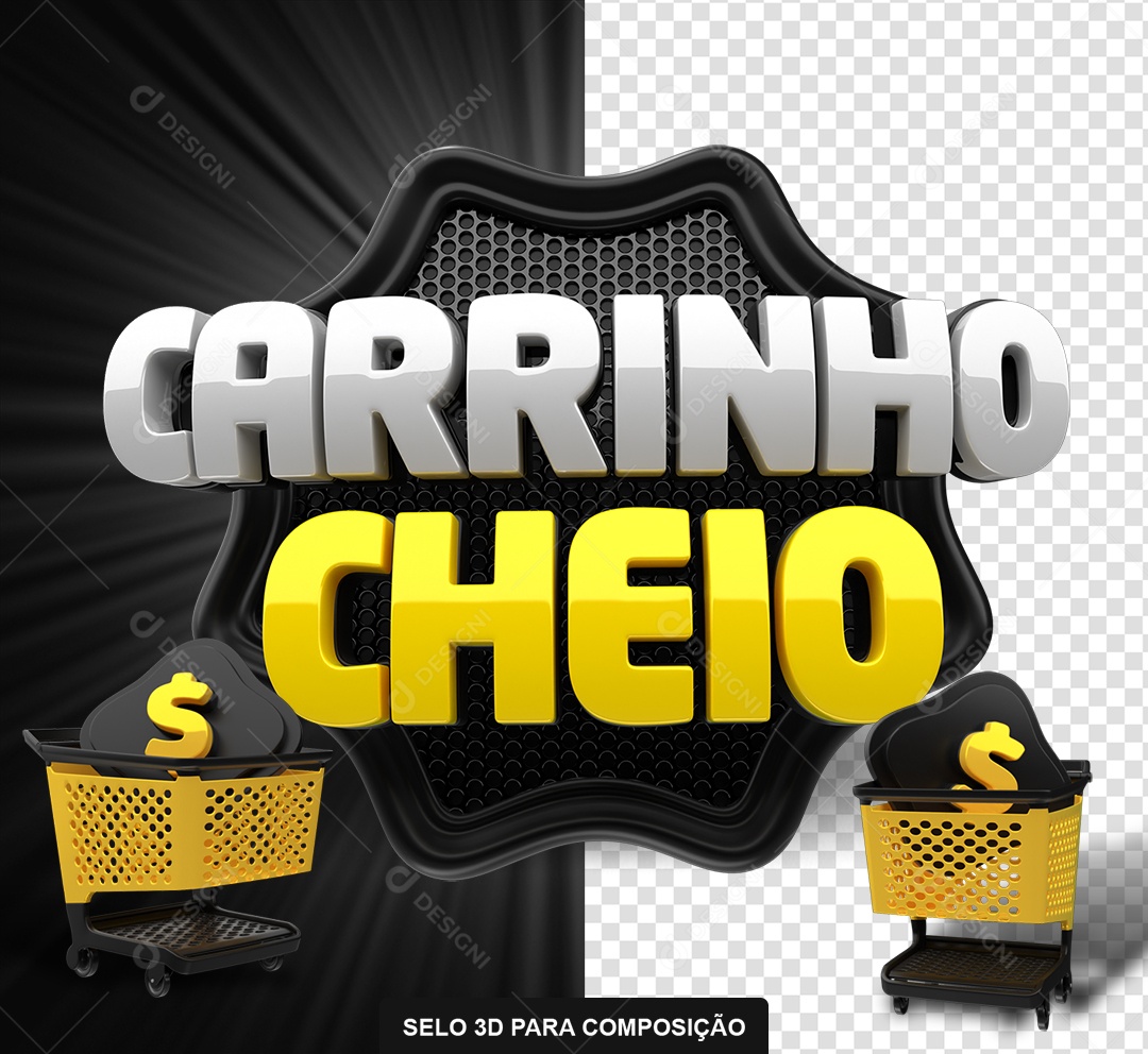 Selo 3D Carrinho Cheio Preto e Amarelo para Composição PSD