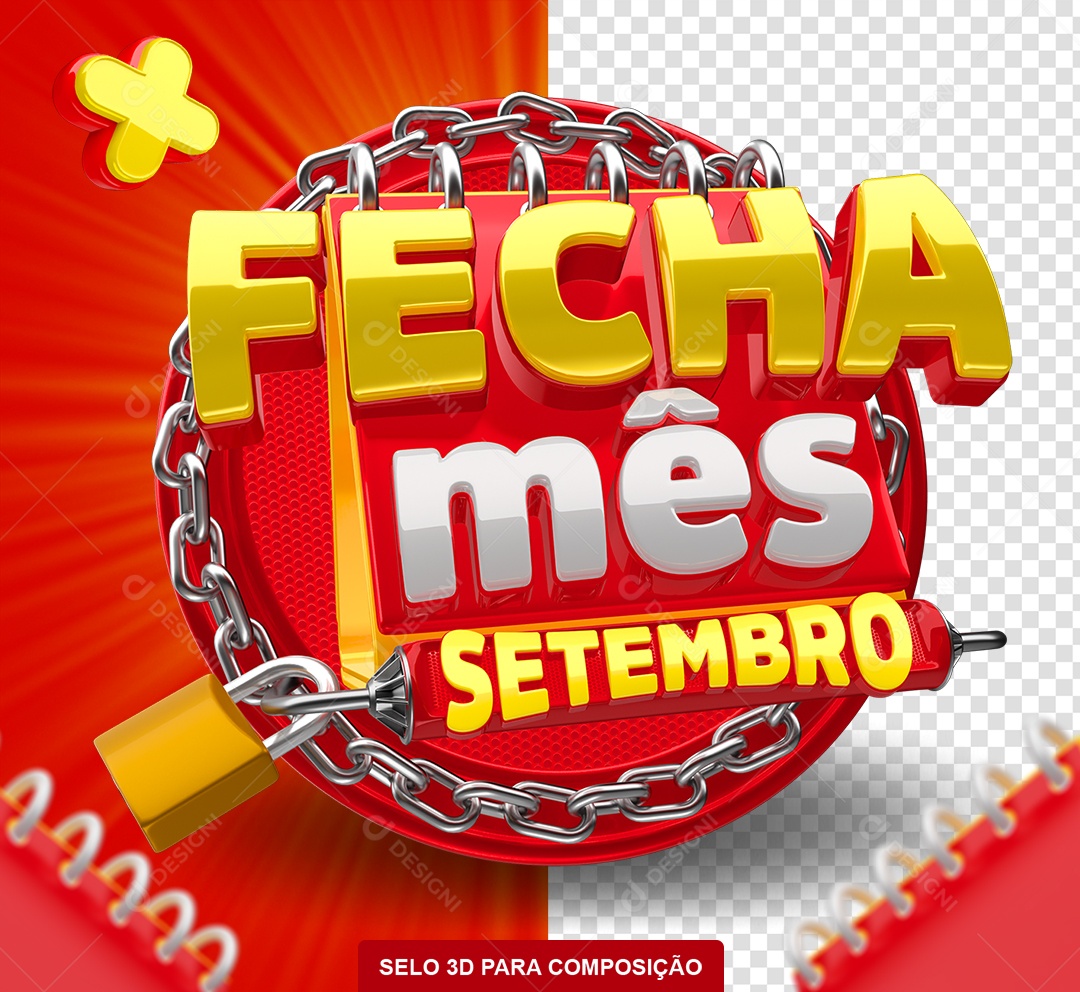 Fecha Mês Setembro Selo 3D Amarelo e Vermelho para Composição PSD