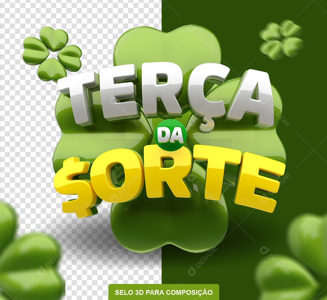 Terça da Sorte Selo 3D Verde e Amarelo para Composição PSD