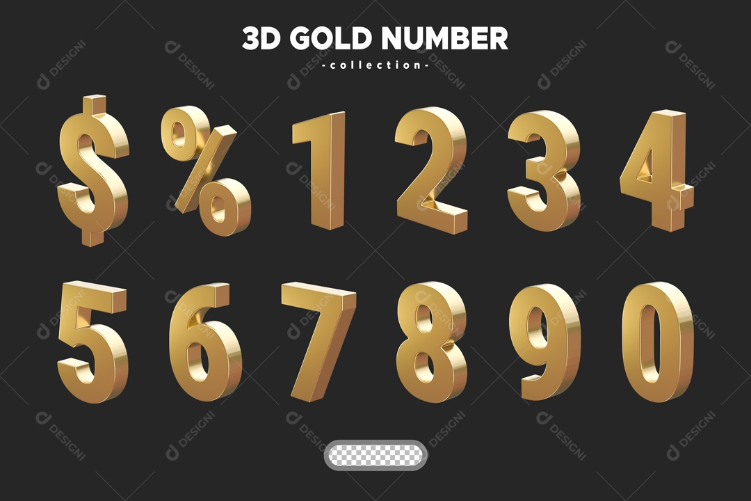 Conjunto de Números Elemento 3D Dourado para Composição PSD