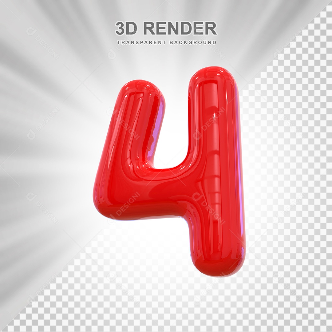 Número 4 Elemento 3D Vermelho para Composição PSD