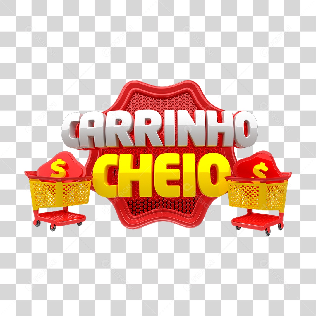 Selo 3D Carrinho Cheio Vermelho e Amarelo para Composição PNG Transparente