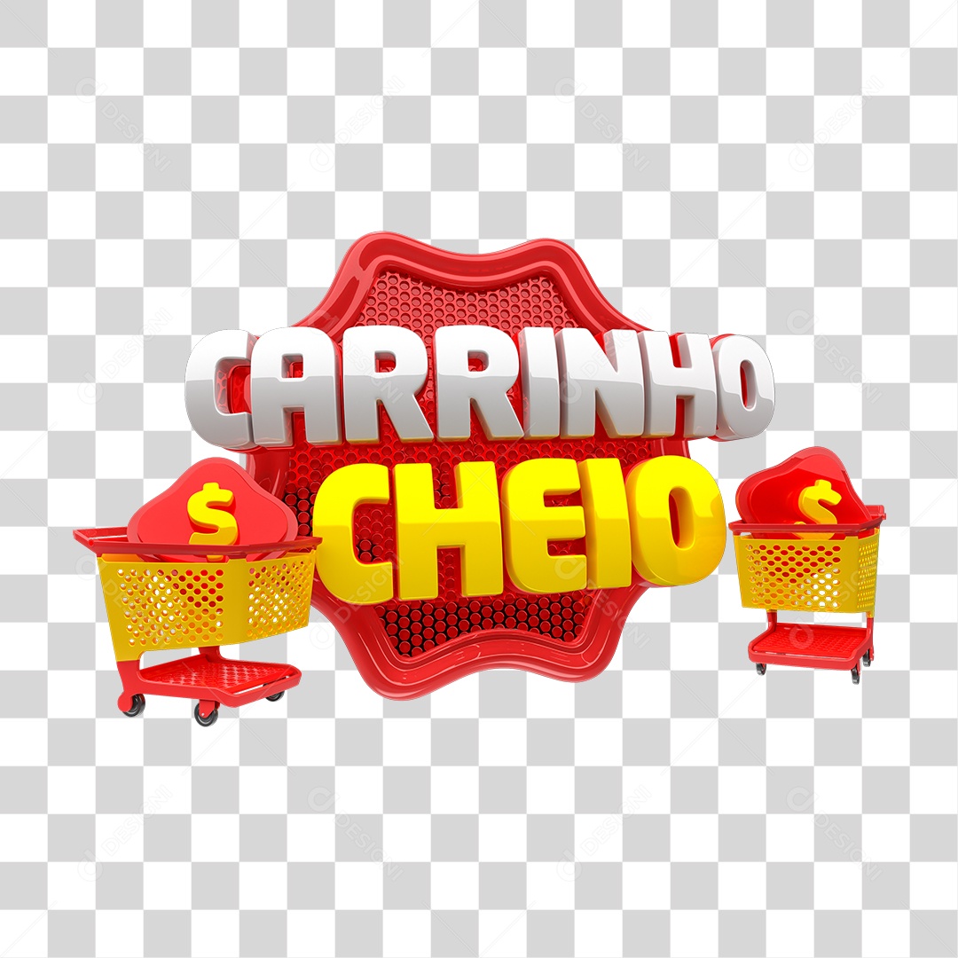 Carrinho Cheio Selo 3D Vermelho e Amarelo para Composição PNG Transparente