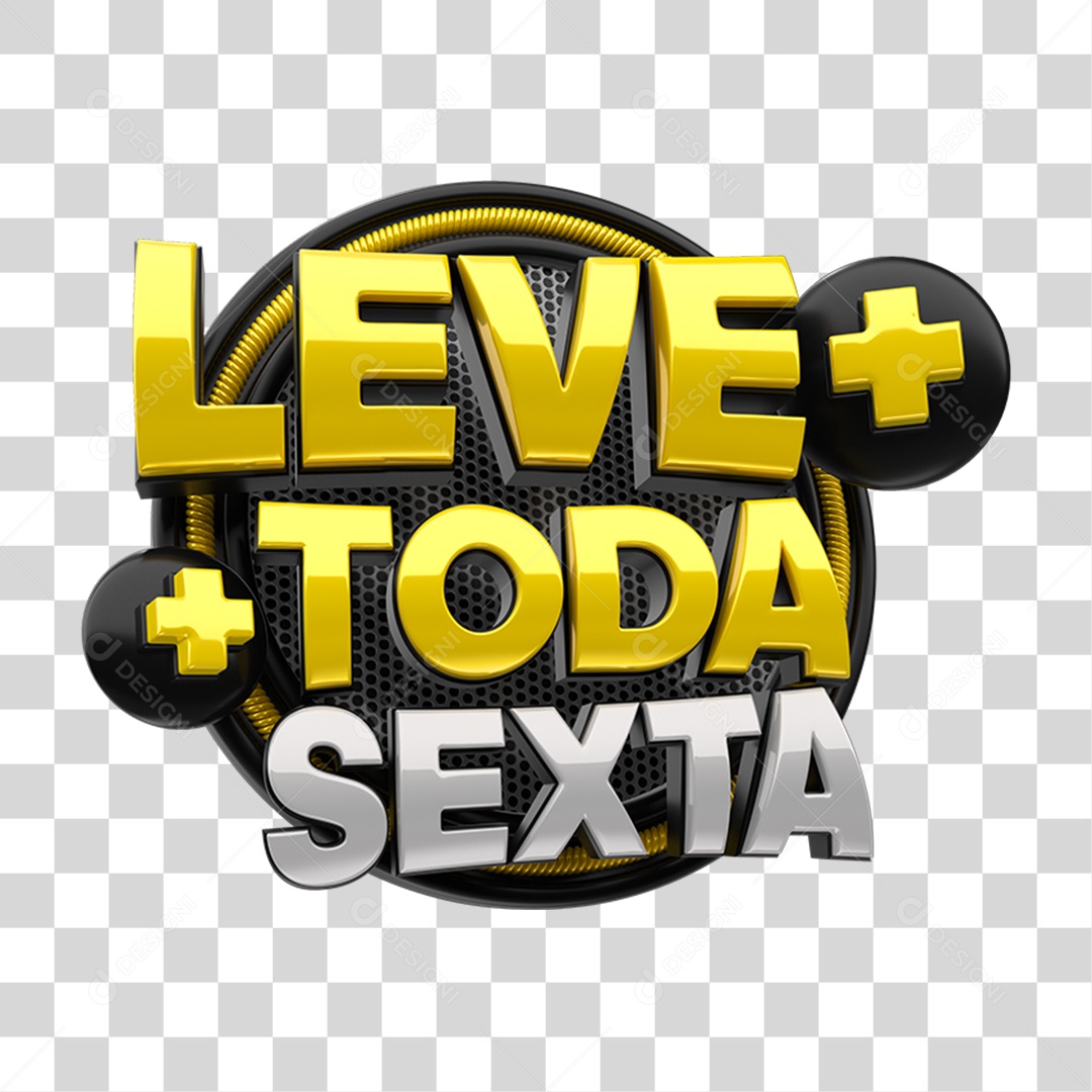Selo 3D Leve Mais Toda Sexta Amarelo e Preto para Composição PNG Transparente