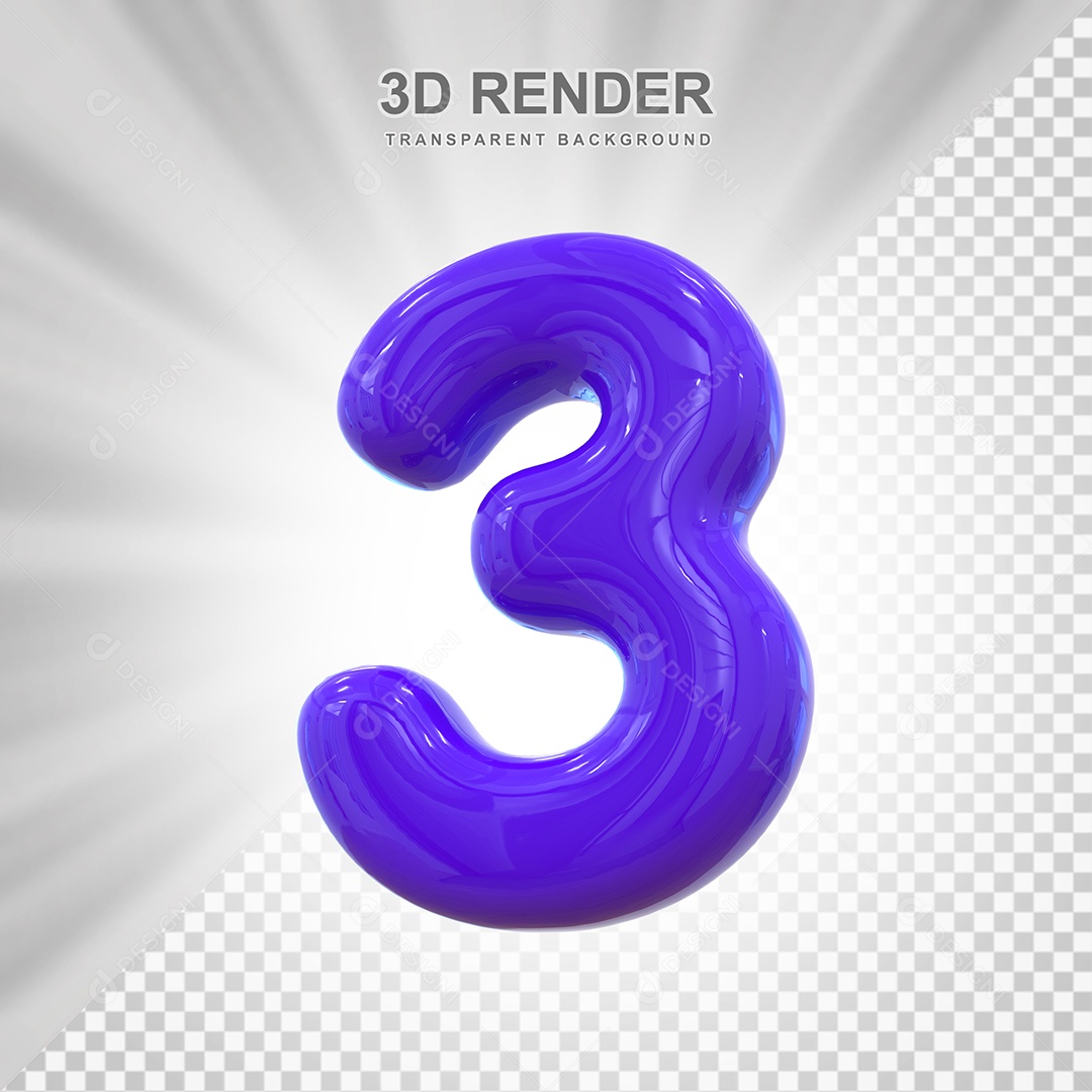 Número 3 Elemento 3D Roxo para Composição PSD