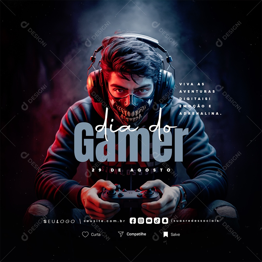Dia do Gamer 29 de Agosto Viva as Aventuras Digitais Social Media PSD Editável