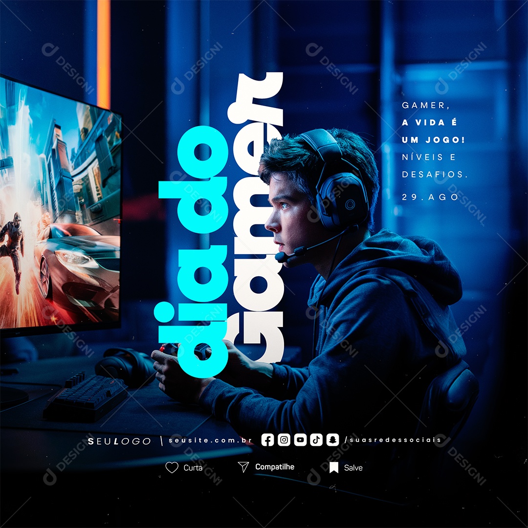 Dia do Gamer 29 de Agosto A Vida é Um Jogo Social Media PSD Editável