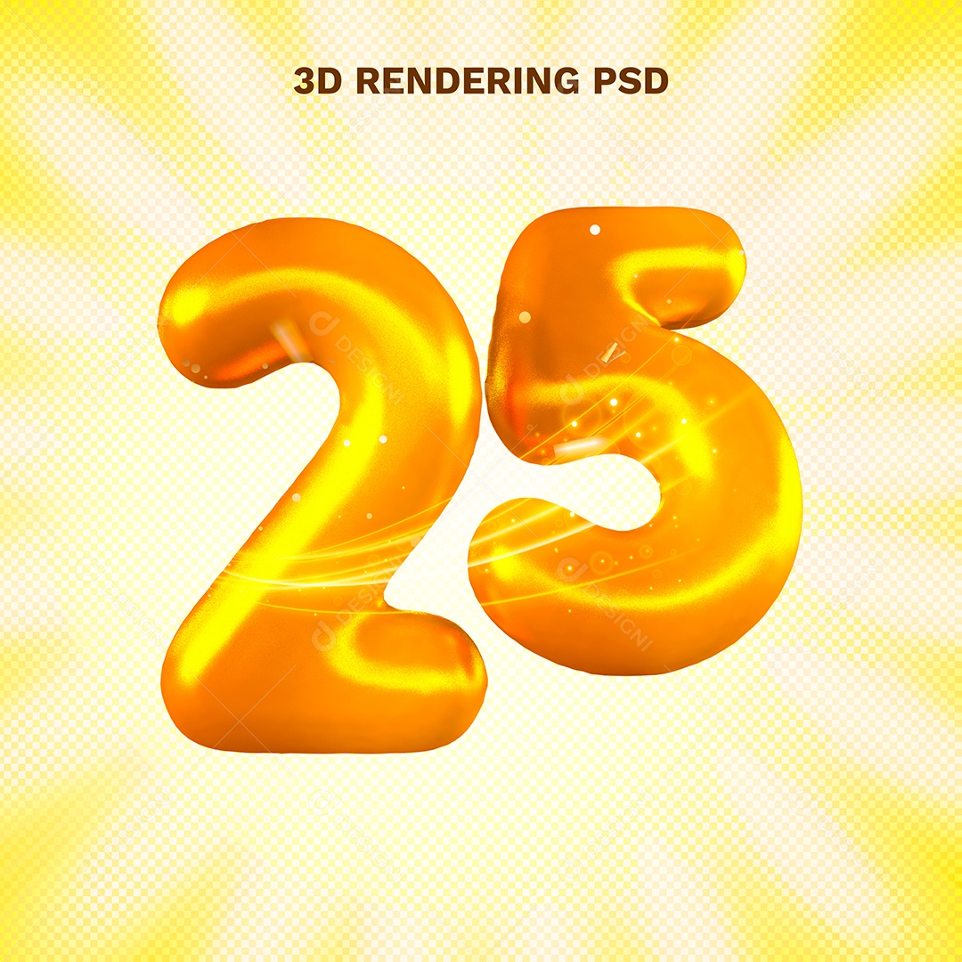 Número 25 Dourado 3D para Composição PSD