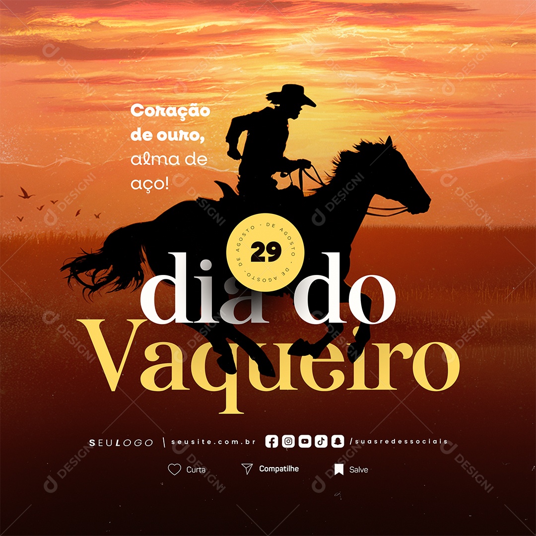 Dia do Vaqueiro 29 de Agosto Coração de Ouro Social Media PSD Editável