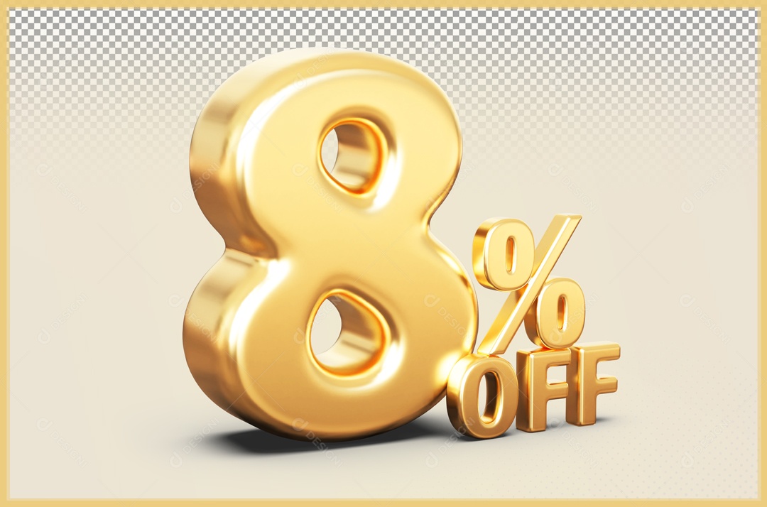 Desconto de 8% Elemento 3D Dourado para Composição PSD