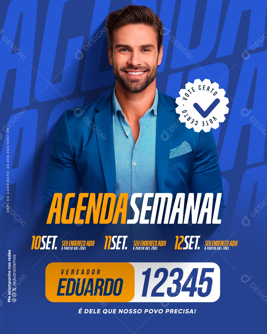 Política Agenda Semanal Vereador Eduardo Social Media PSD Editável