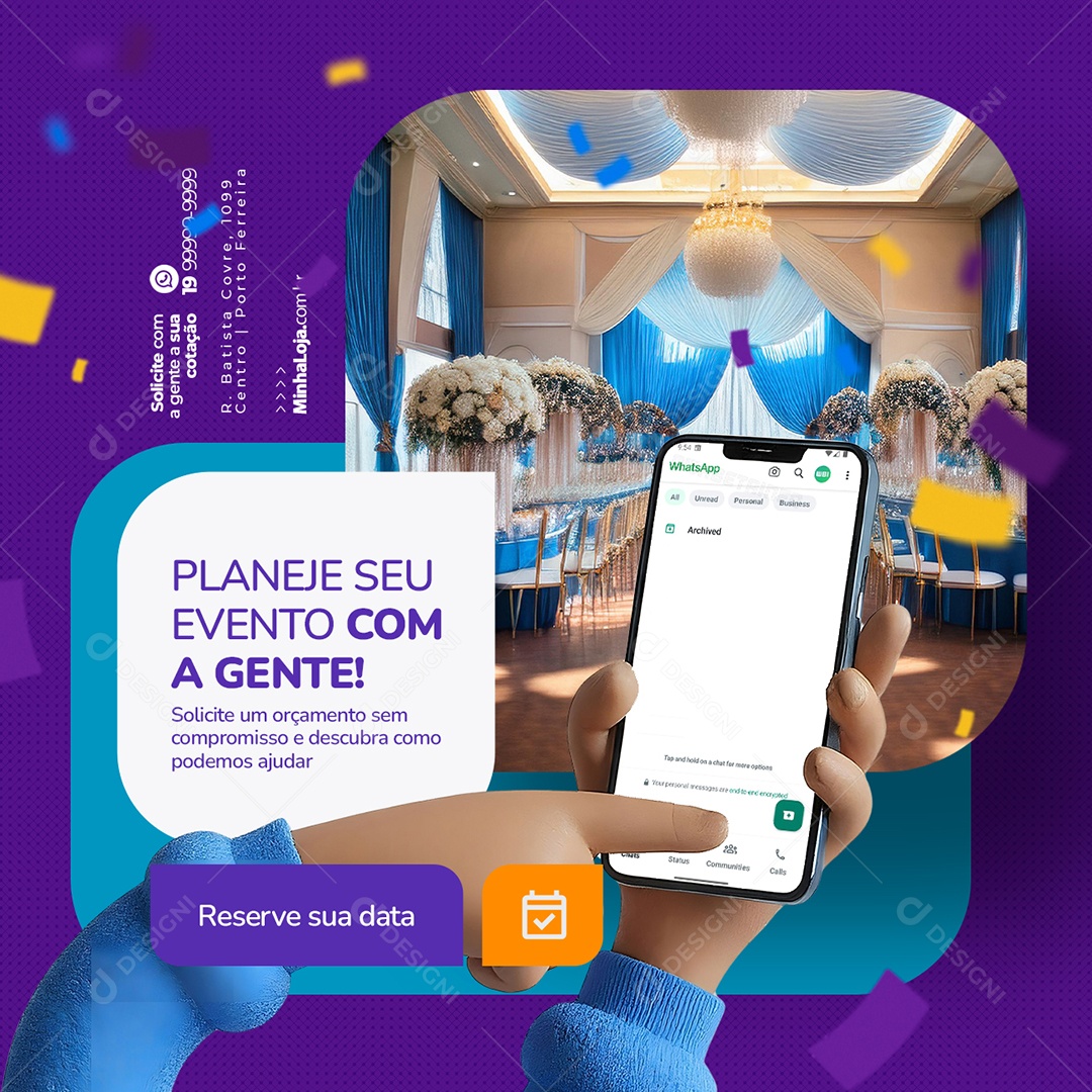 Locação para Festas e Eventos Planeje seu Evento com a Gente Social Media PSD Editável