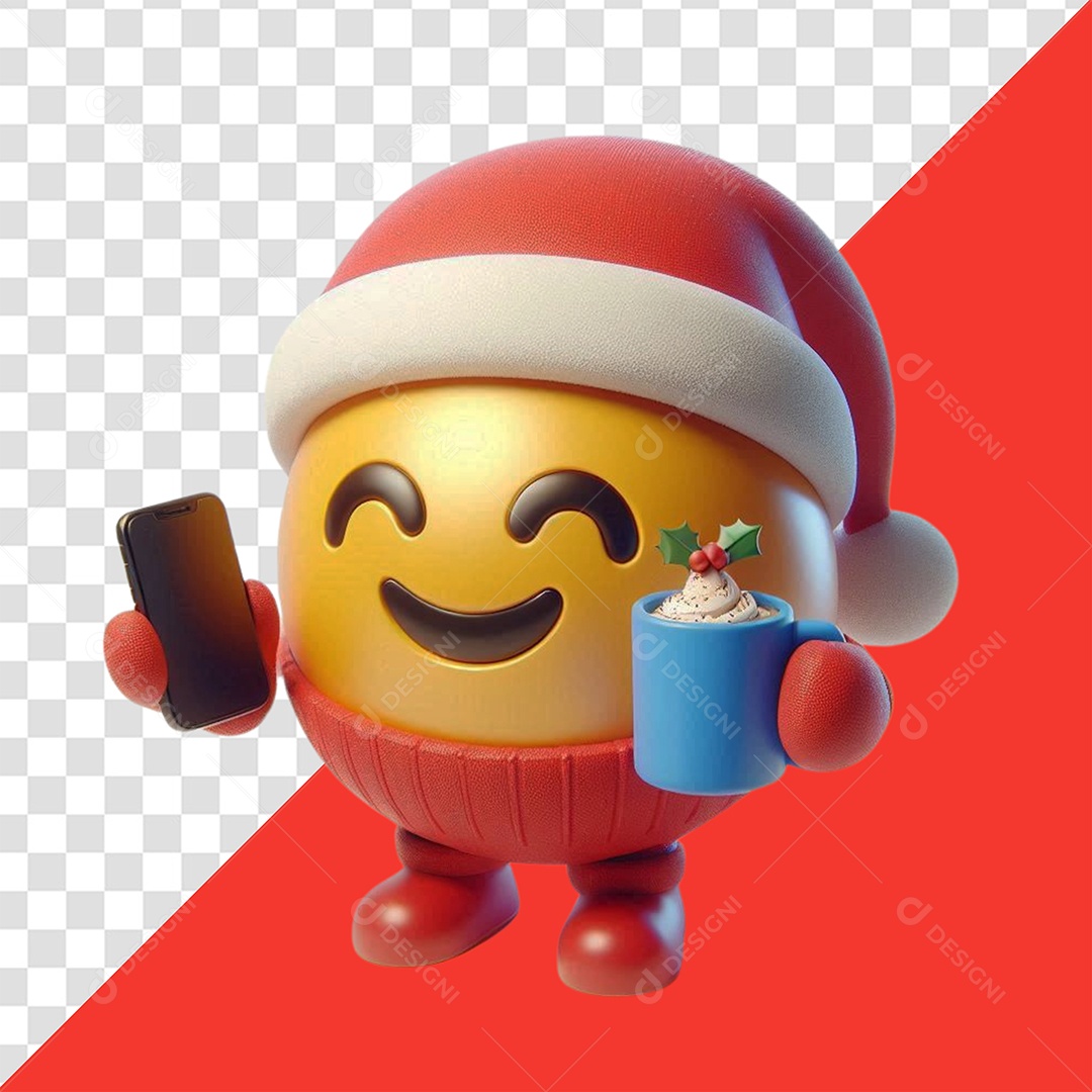 Emoji Com Roupa De Natal Com Um Celular E Uma Caneca Elemento 3D para Composição PSD