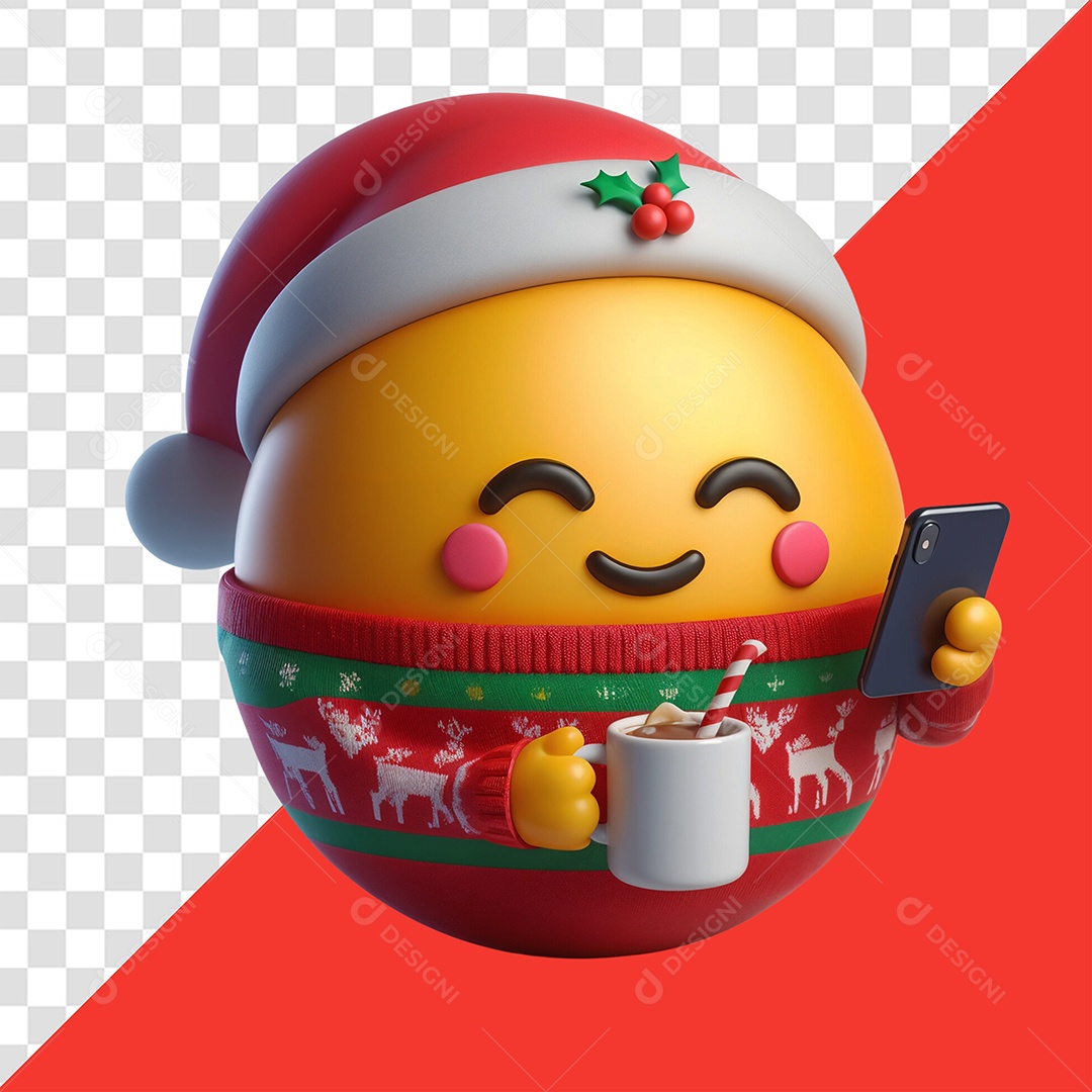 Emoji Com Roupa De Natal Com Um Celular Elemento 3D para Composição PSD