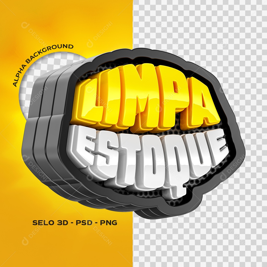 Limpa Estoque Selo 3D Amarelo e Cinza para Composição PSD