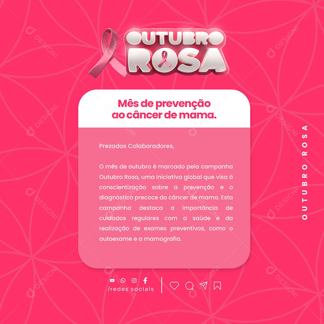 Outubro Rosa Mês de Prevenção ao Câncer de Mama Social Mídia PSD Editável