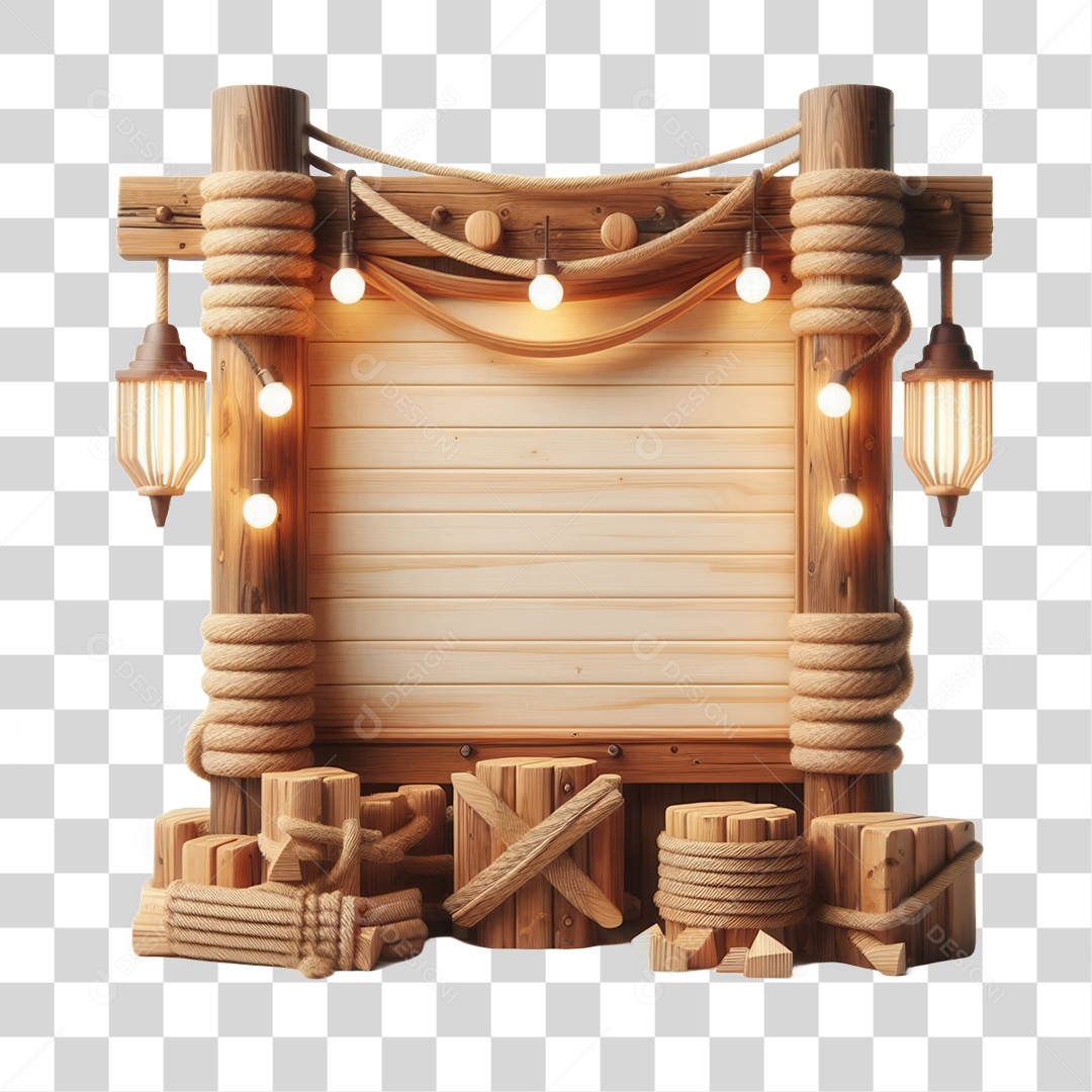 Elemento 3D Placa de Madeira com Luzes Lâmpadas PNG Transparente