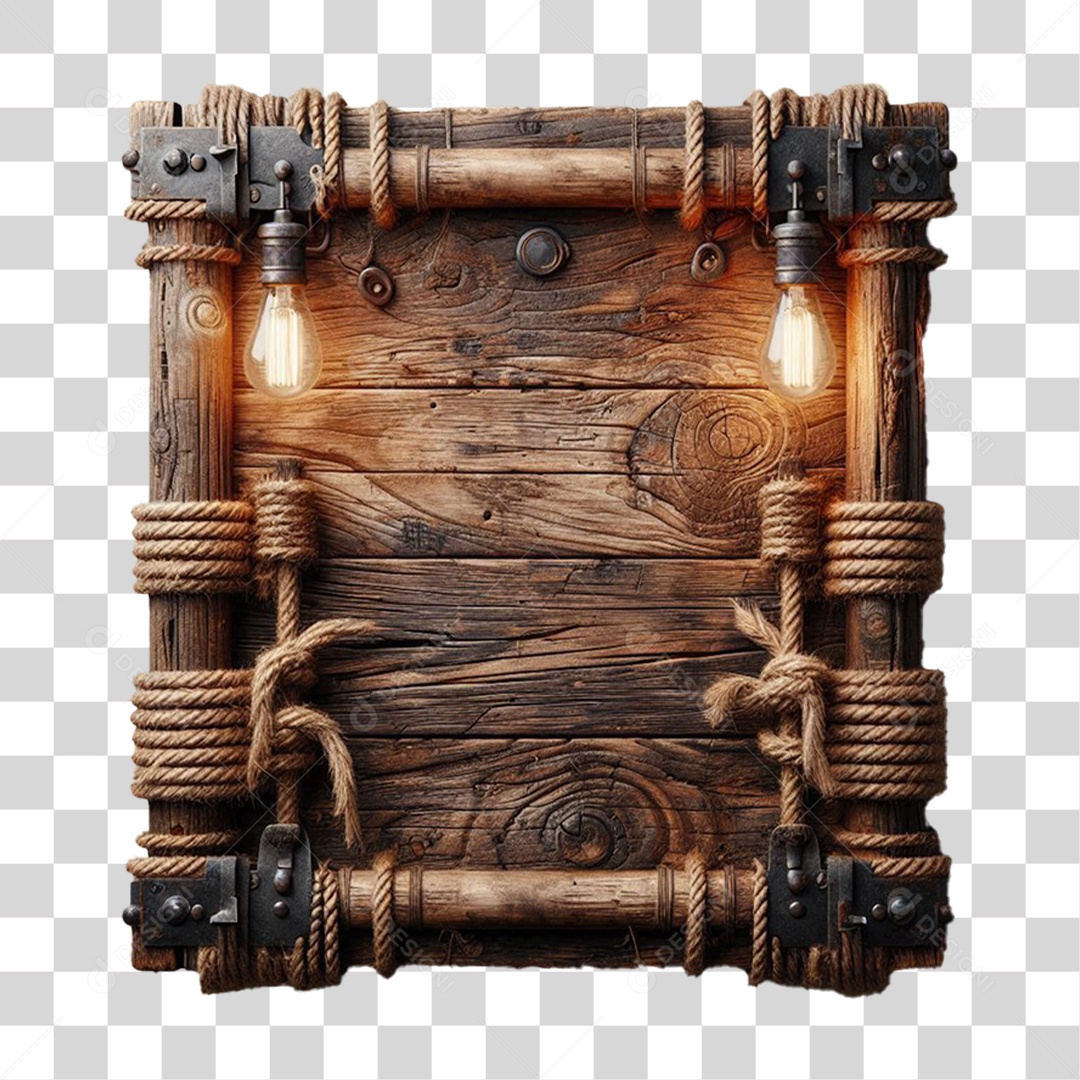 Elemento 3D Placa de Madeira com Luzes Lâmpadas PNG Transparente