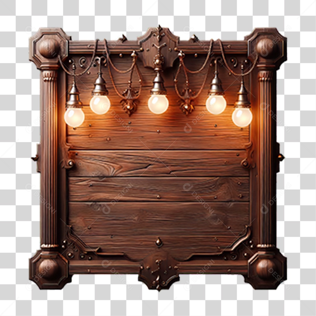 Elemento 3D Placa de Madeira com Luzes Lâmpadas PNG Transparente