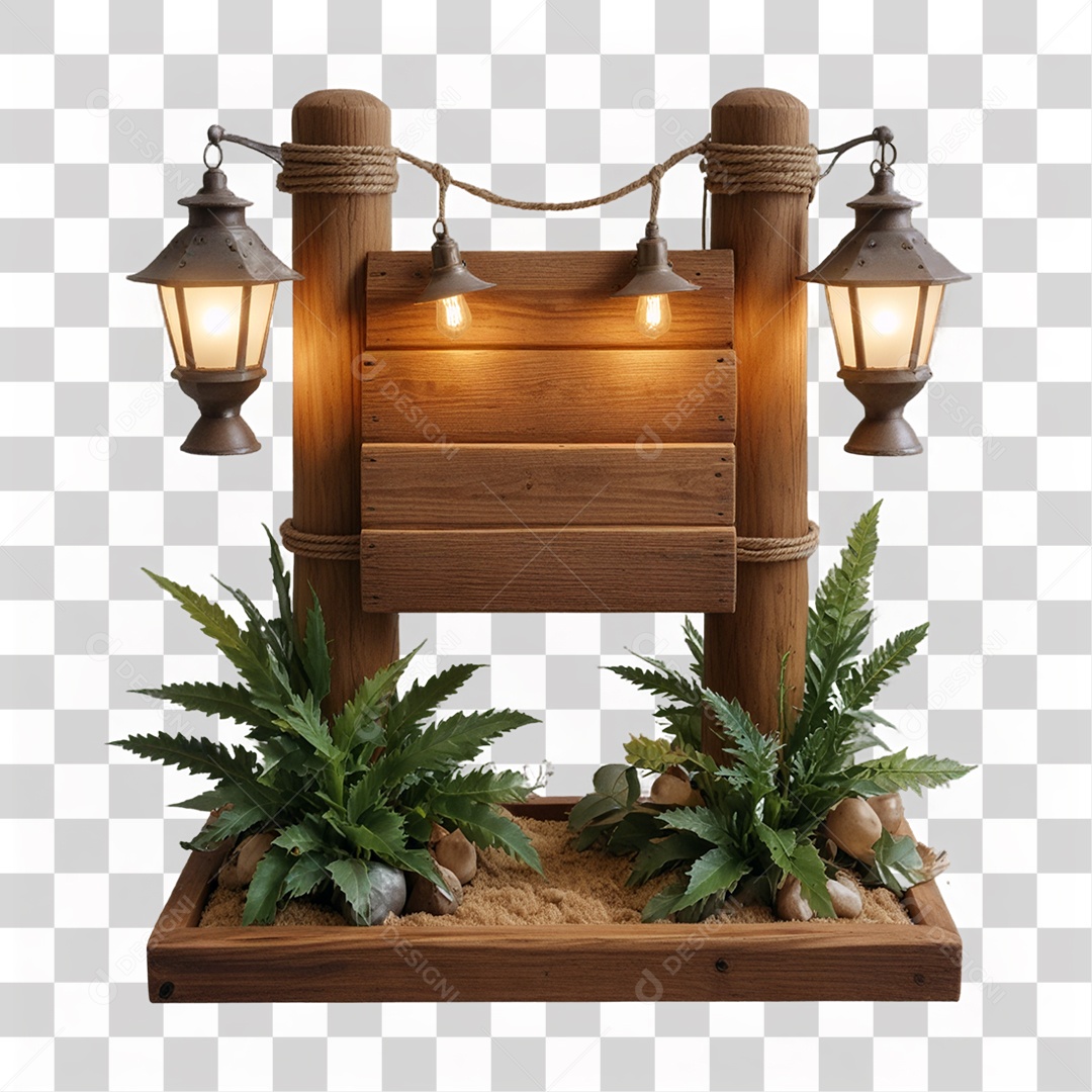Elemento 3D Placa de Madeira com Luzes Lâmpadas PNG Transparente