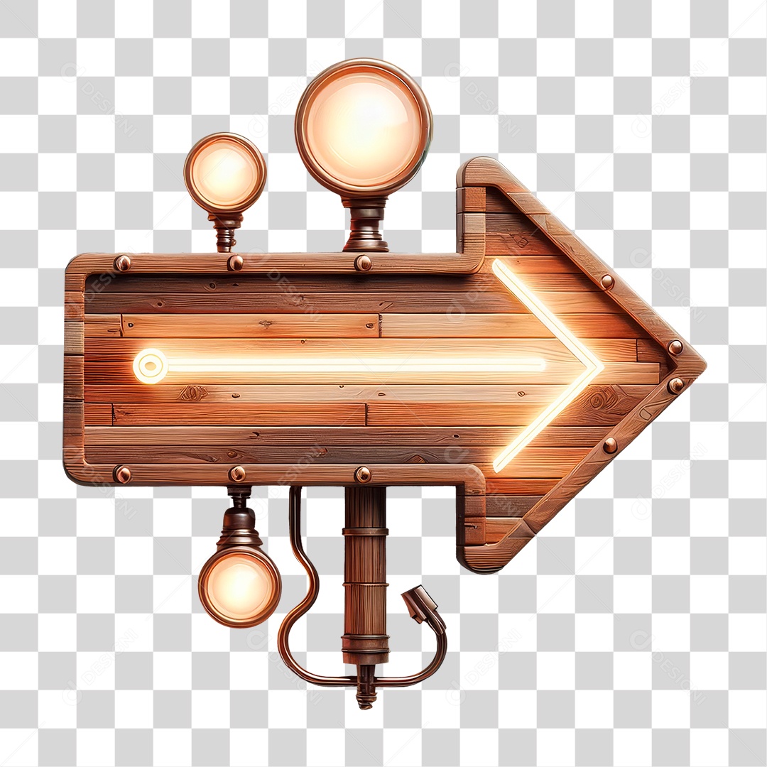 Elemento 3D Placa de Madeira com Luzes Lâmpadas Setas PNG Transparente