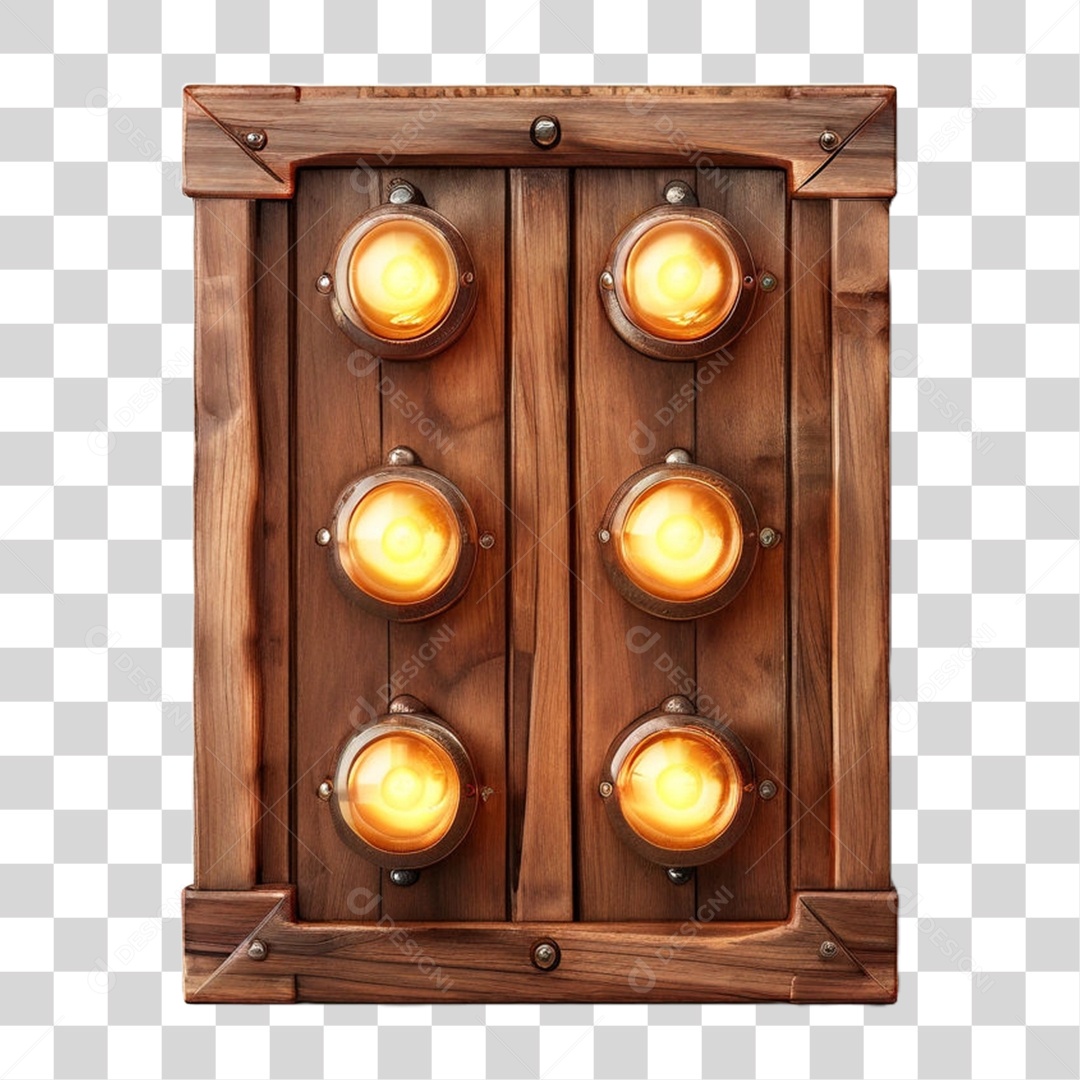 Elemento 3D Placa de Madeira com Luzes Lâmpadas PNG Transparente