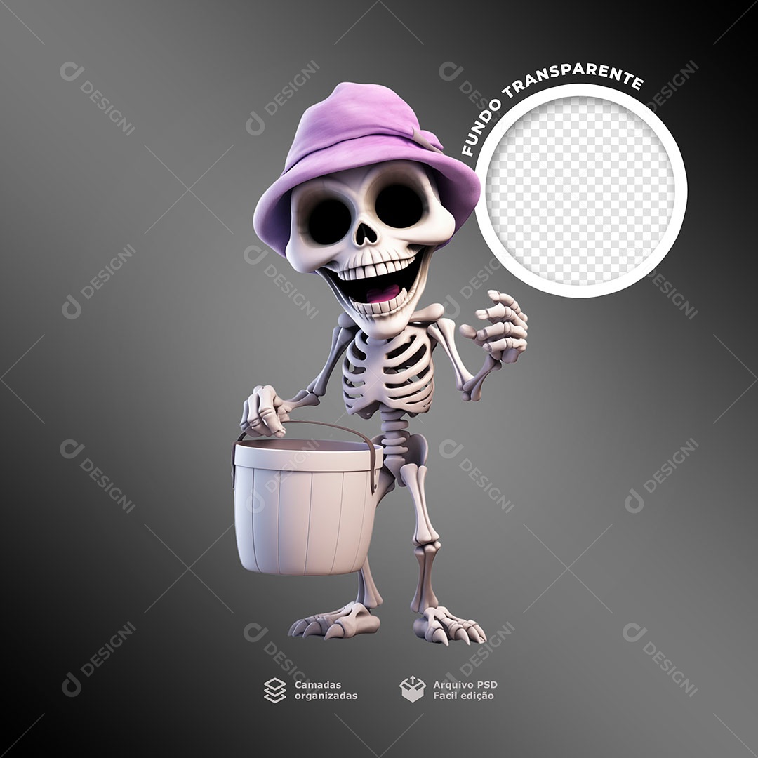 Caveira com Balde Elemento 3D Roxo e Branco para Composição PSD