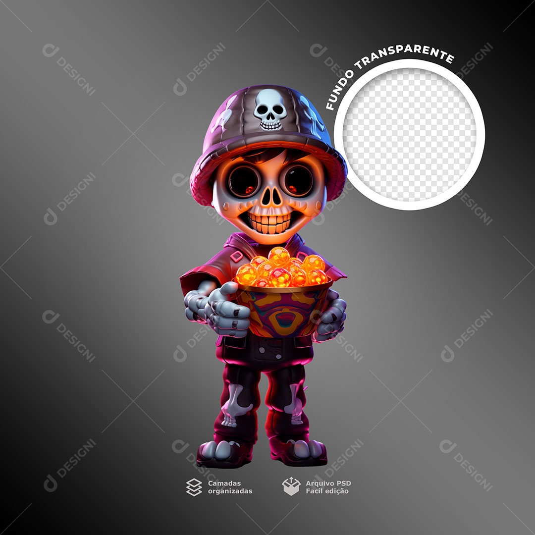 Caveira Segurando uma Cesta Iluminada Elemento 3D para Composição PSD