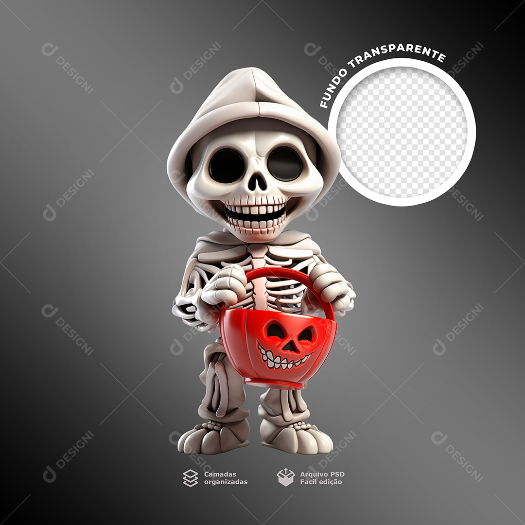 Caveira de Halloween Elemento 3D Branco e Vermelho para Composição PSD