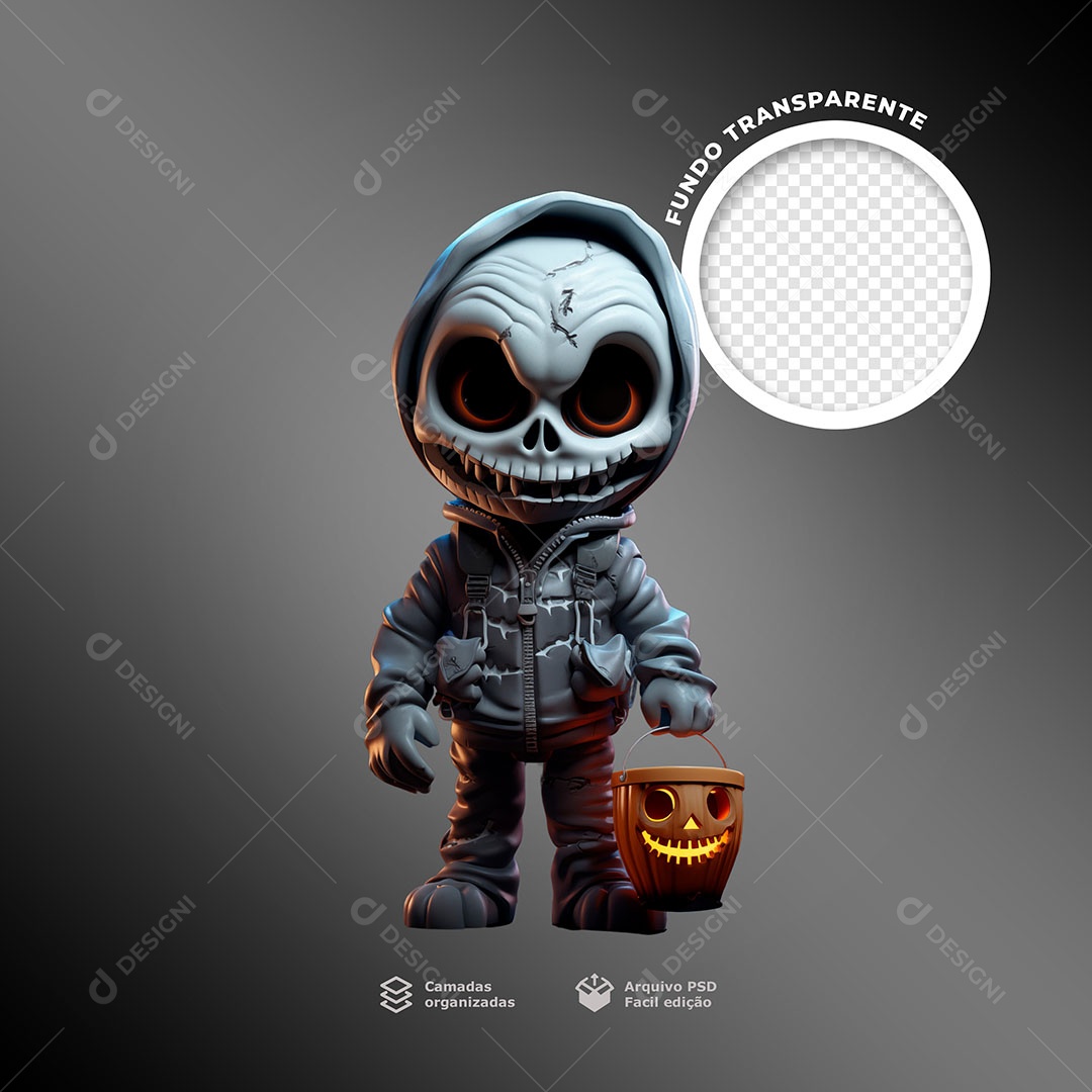 Caveira de Halloween com Balde Elemento 3D para Composição PSD
