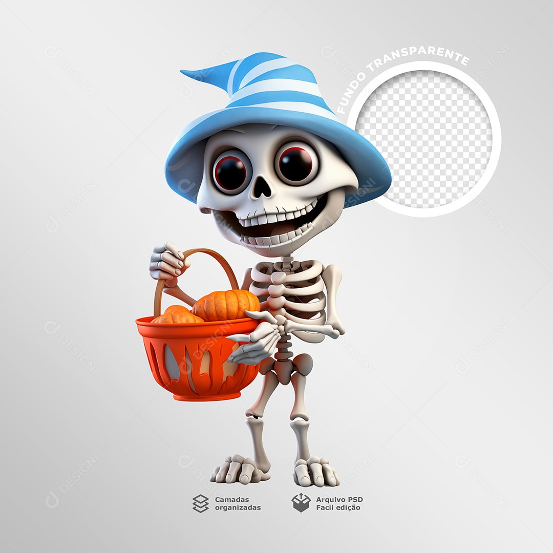Caveira e uma Cesta de Abóbora Elemento 3D para Composição PSD