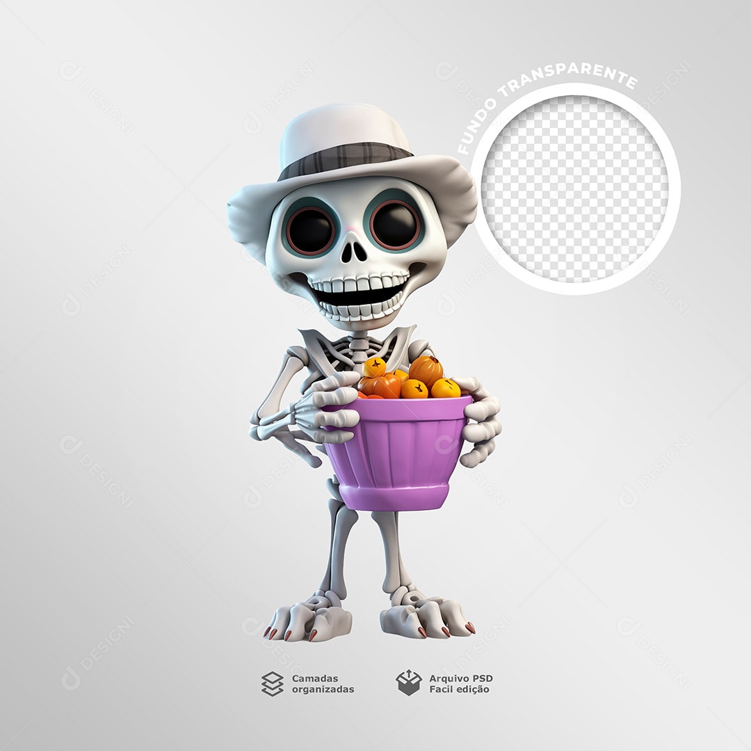 Caveira com um Balde de Abóbora Elemento 3D para Composição PSD
