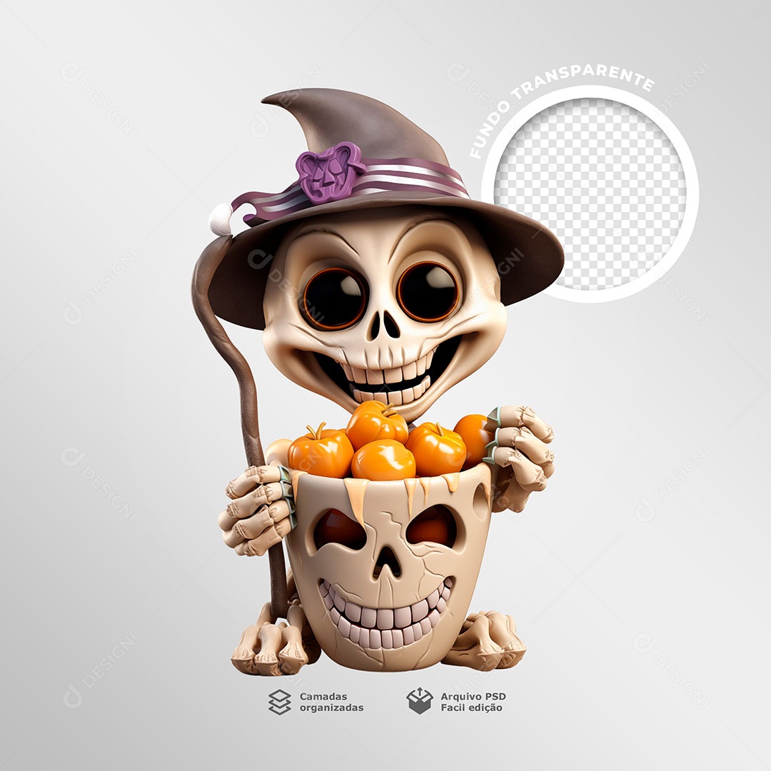 Caveira Segurando um Balde de Abóbora Elemento 3D para Composição PSD