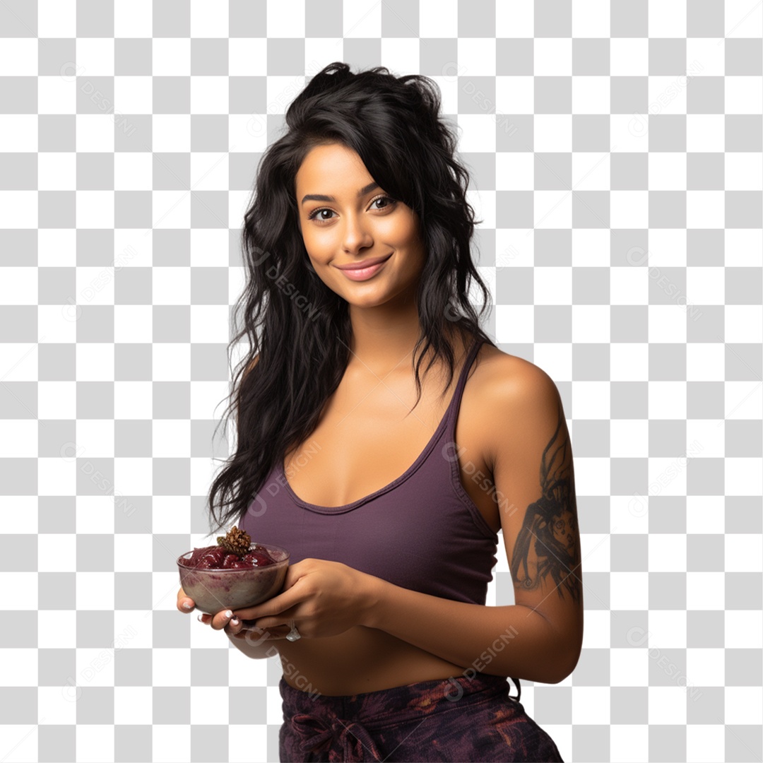 Mulher com Pote de Açaí nas Mãos PNG Transparente