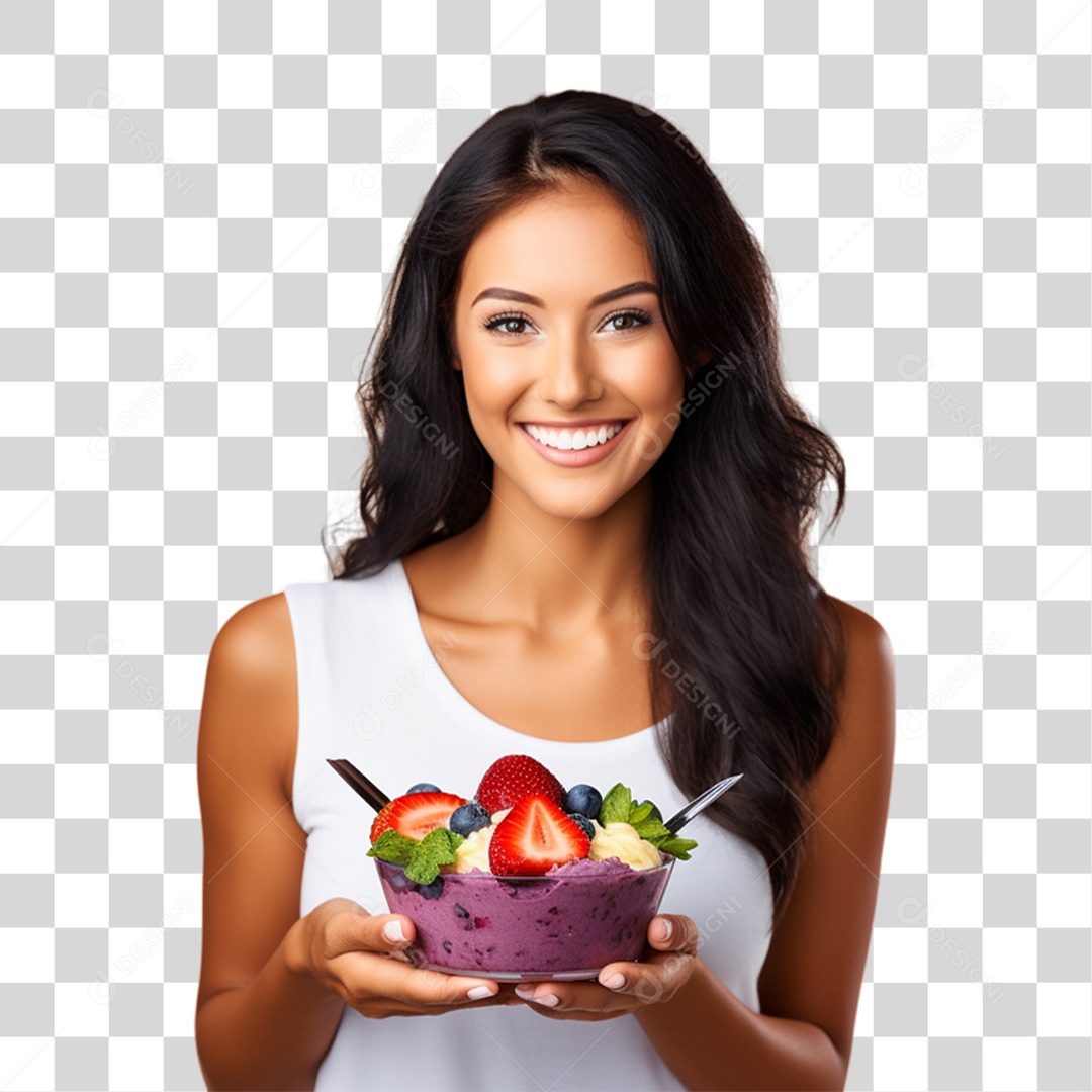 Mulher com Pote de Açaí nas Mãos PNG Transparente