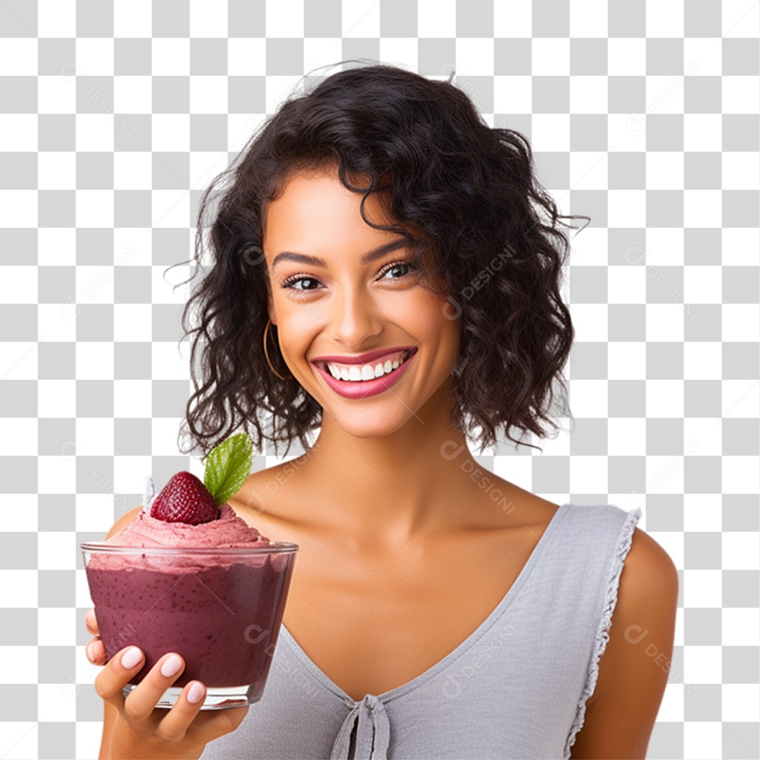 Mulher com Pote de Açaí nas Mãos PNG Transparente