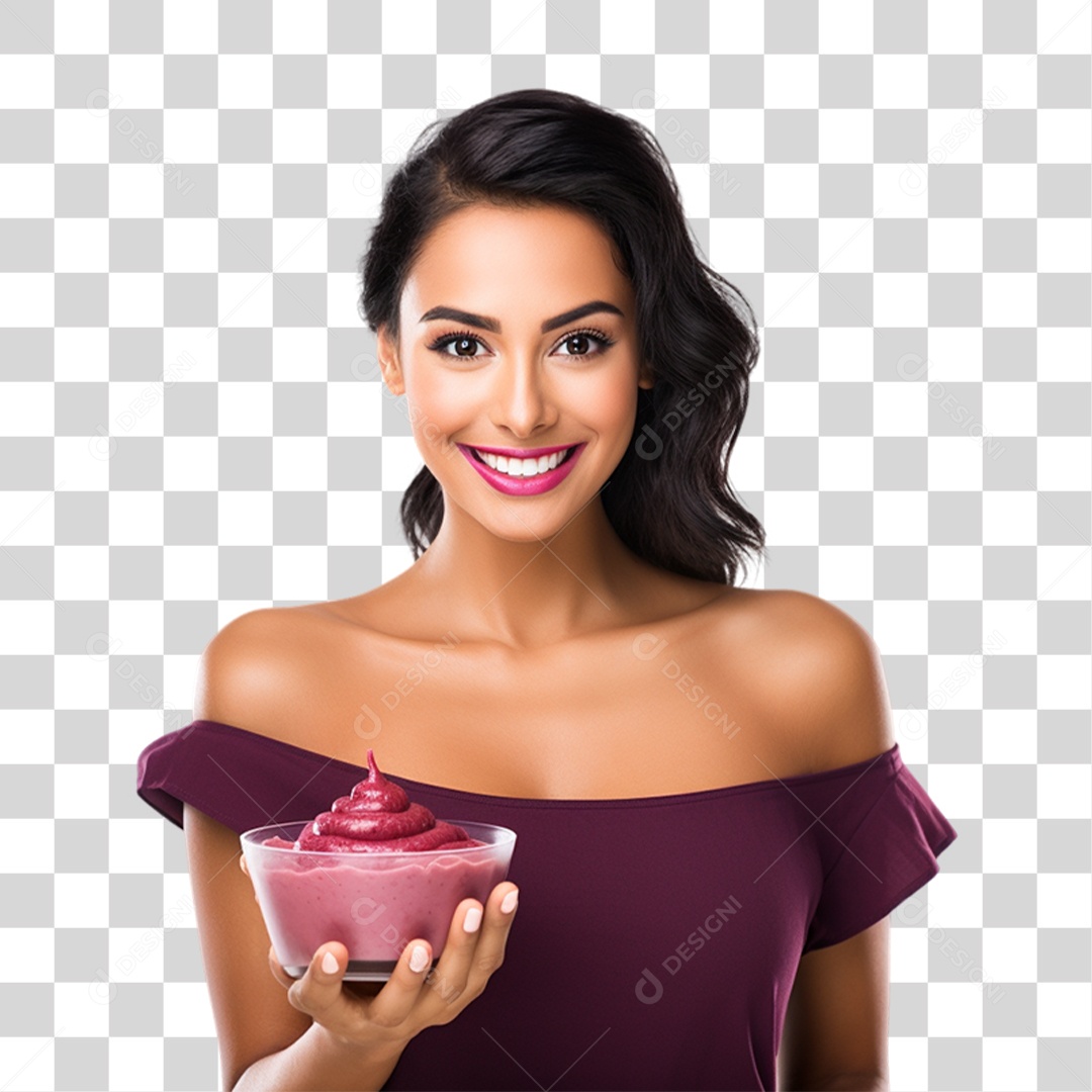 Mulher com Pote de Açaí nas Mãos PNG Transparente